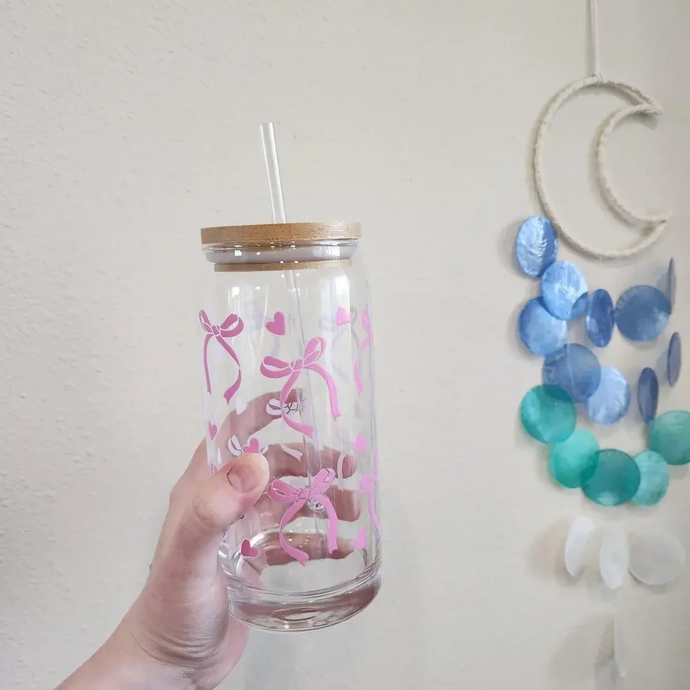 Coquette Pink Bows Balletcore 20 oz Glass Tumbler Cup Bamboo Coffee Matcha Tea